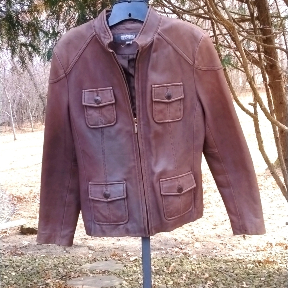Kenneth Cole Reaction Leather Zip up Jacket, brown, VINTAGE, SZ Large